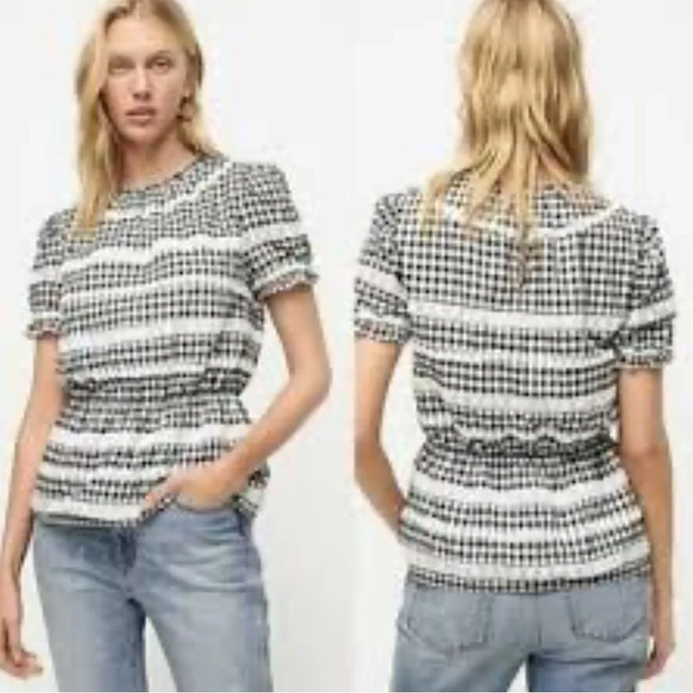 J. Crew Black and White Gingham Floral Lace Peplum Lined Blouse - Small